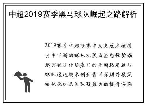中超2019赛季黑马球队崛起之路解析