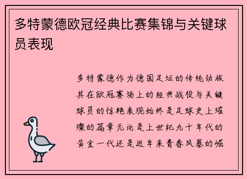 多特蒙德欧冠经典比赛集锦与关键球员表现